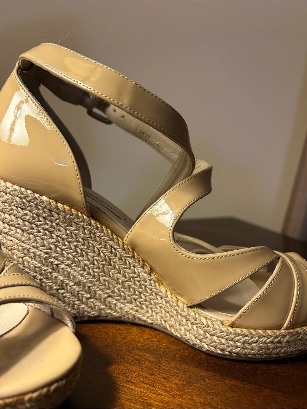 L. K. Bennett Patent Nude Braided Wedge Heels